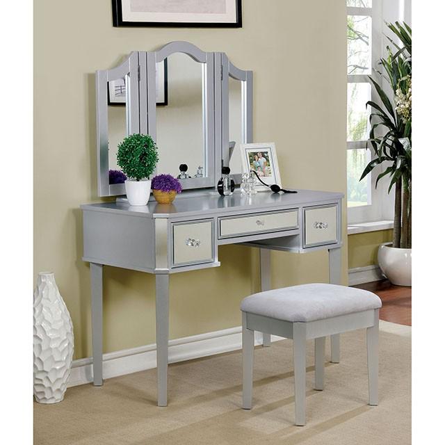 CLARISSE Silver Vanity w/ Stool - Furniture Home Store (Hanford, CA)