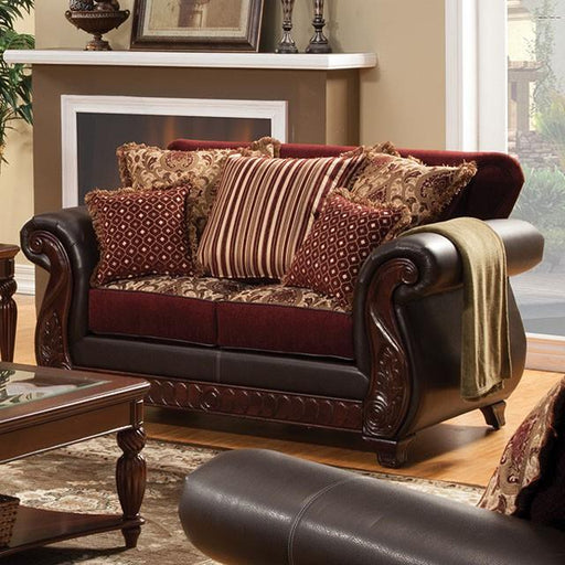 Franklin Burgundy/Espresso Love Seat, Burgundy - Furniture Home Store (Hanford, CA)