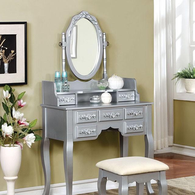 Harriet Silver Vanity w/ Stool - Furniture Home Store (Hanford, CA)