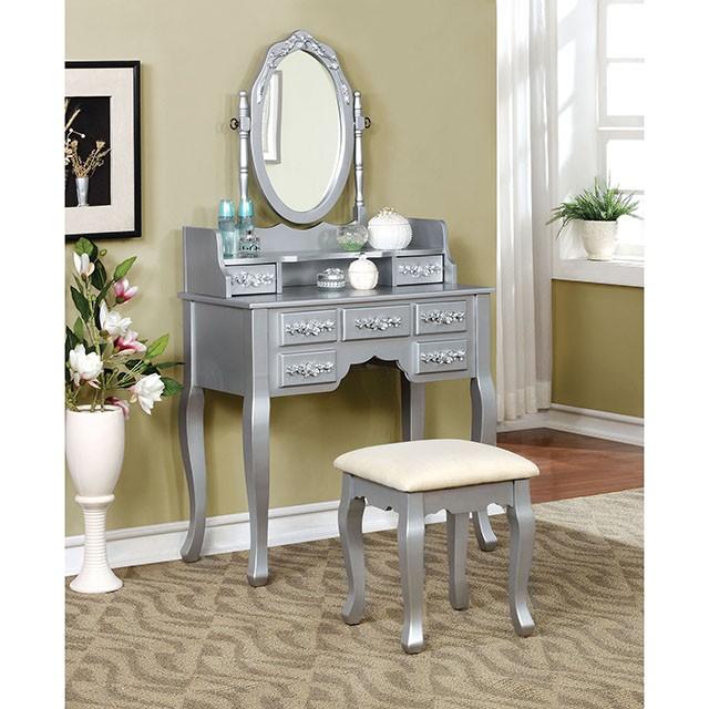 Harriet Silver Vanity w/ Stool - Furniture Home Store (Hanford, CA)