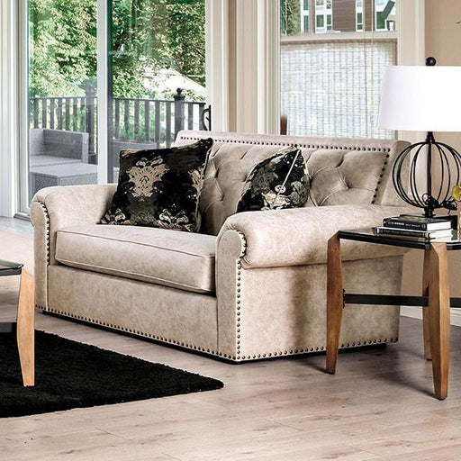 Parshall Beige W/ Gold Highlights Love Seat - Furniture Home Store (Hanford, CA)