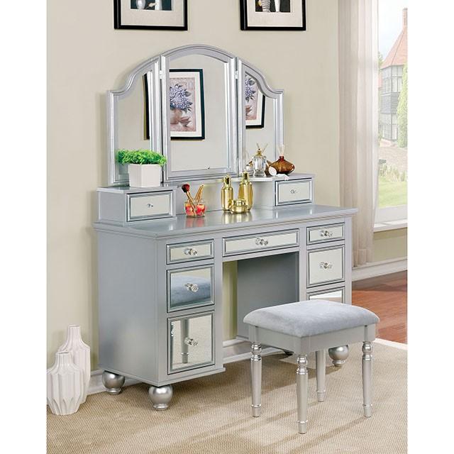 TRACY Silver Vanity w/ Stool - Furniture Home Store (Hanford, CA)