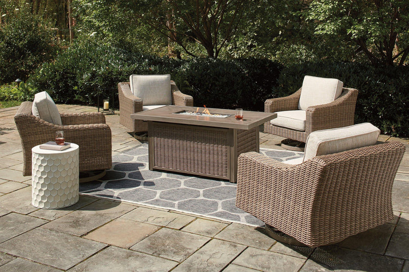 Beachcroft Beachcroft Fire Pit Table with Four Nuvella Swivel Lounge Chairs - Furniture Home Store (Hanford, CA)
