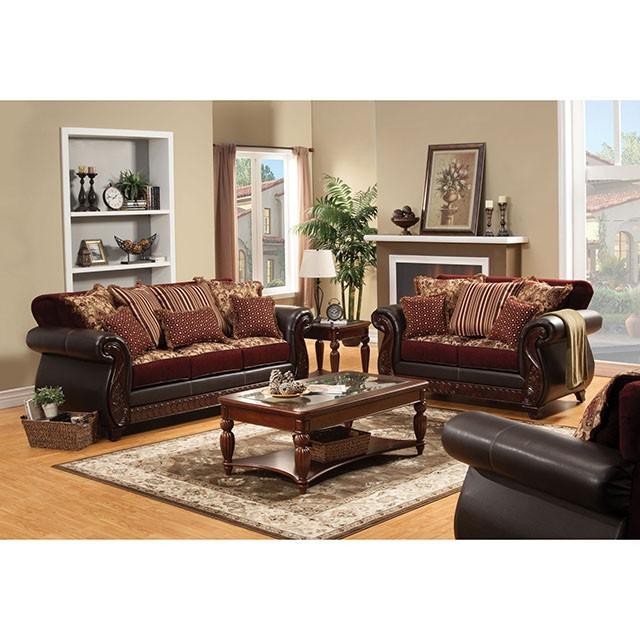 Franklin Burgundy/Espresso Love Seat, Burgundy - Furniture Home Store (Hanford, CA)