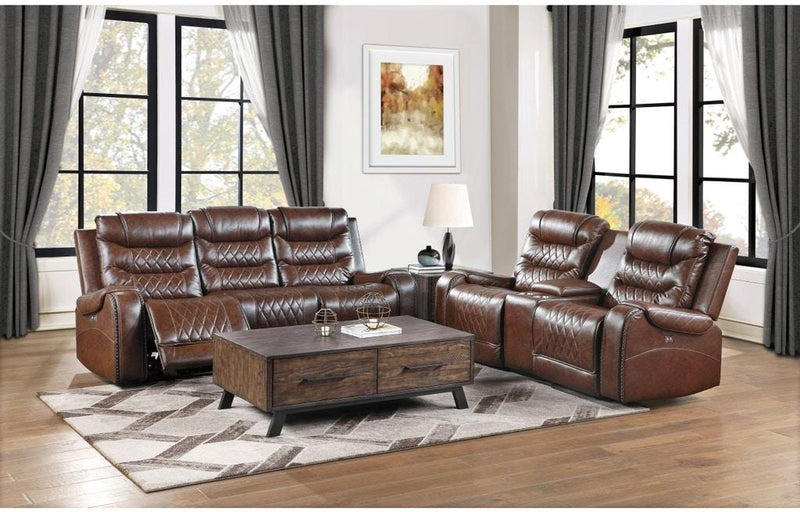 Putnam Power Double Reclining Sofa with Drop-Down in Brown 9405BR-3PW - Furniture Home Store (Hanford, CA)